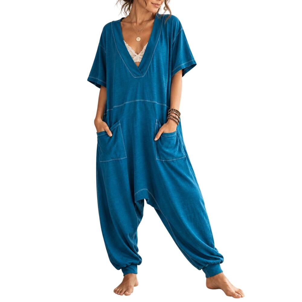 Natural Life Charlie Cotton Jumpsuit Teal Blue Deep V Pocket Romper Size M
